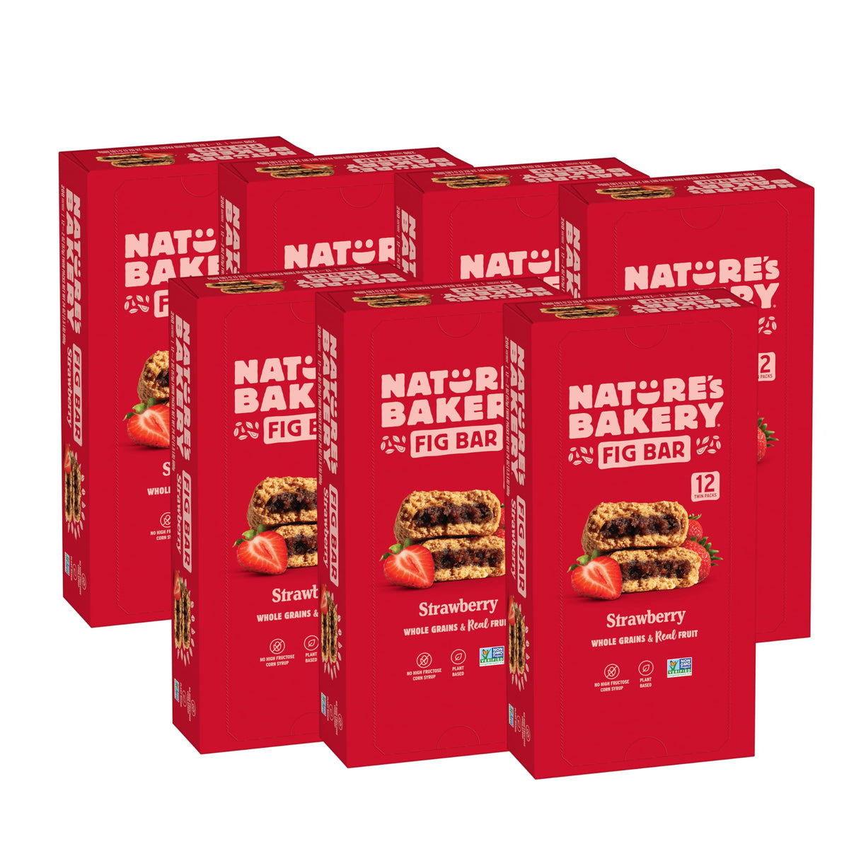Nature's Bakery Whole Wheat Strawberry Fig Bars packaging highlights real fruit and vegan ingredients for quick on-the-go snacking.