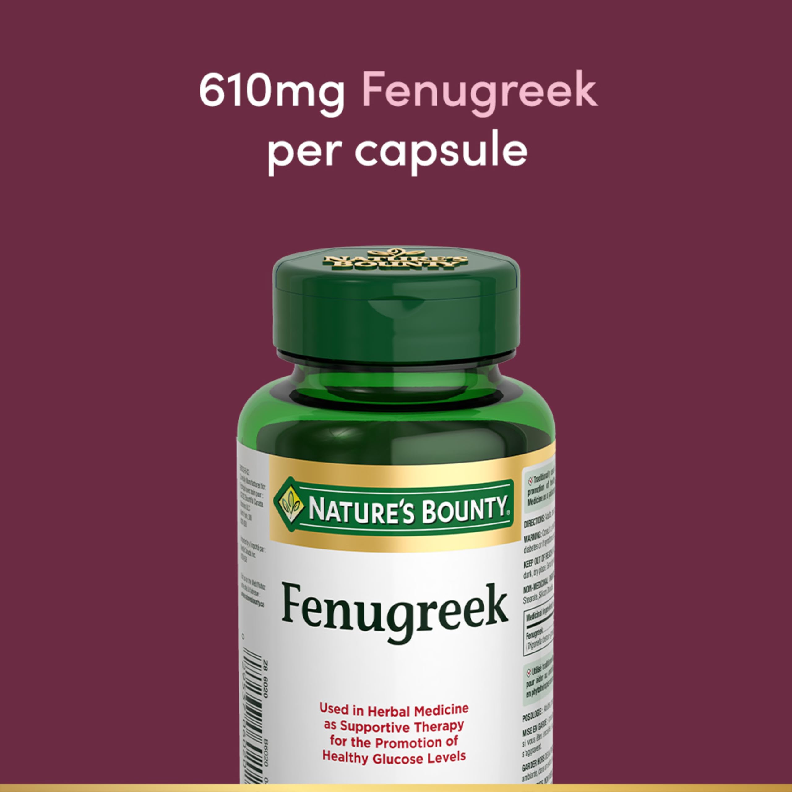 Nature's Bounty fenugreek bottle with allergen-free label.