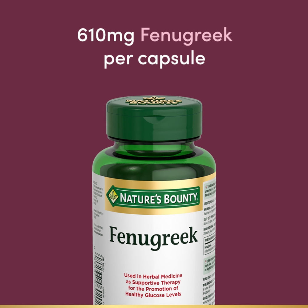 Nature's Bounty fenugreek bottle with allergen-free label.