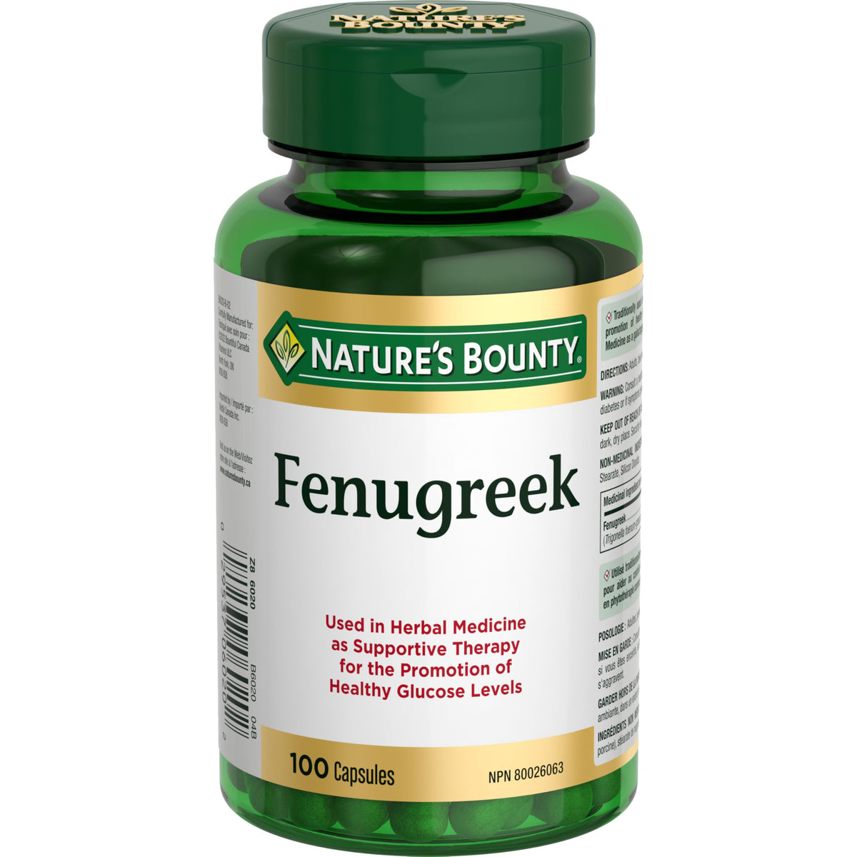Nature's Bounty fenugreek capsules bottle on a shelf for daily wellness.