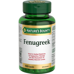 Nature's Bounty fenugreek capsules bottle on a shelf for daily wellness.