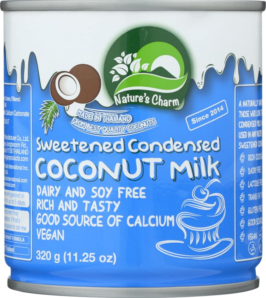 Nature's Charm coconut milk condensed can shown for desserts with a creamy dairy-free touch.