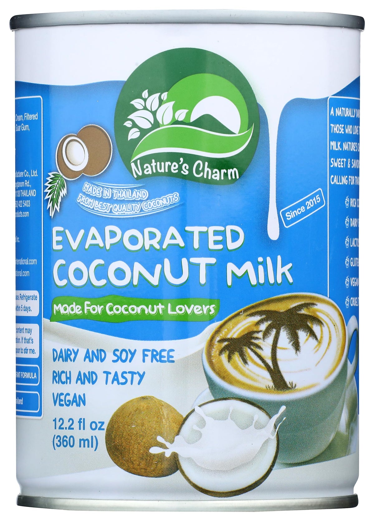 Nature's Charm evaporated coconut milk pour for rich dairy-free desserts