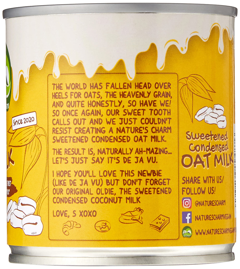 Nature's Charm Milk Oat Condensed ingredients label close-up, vegan notes.
