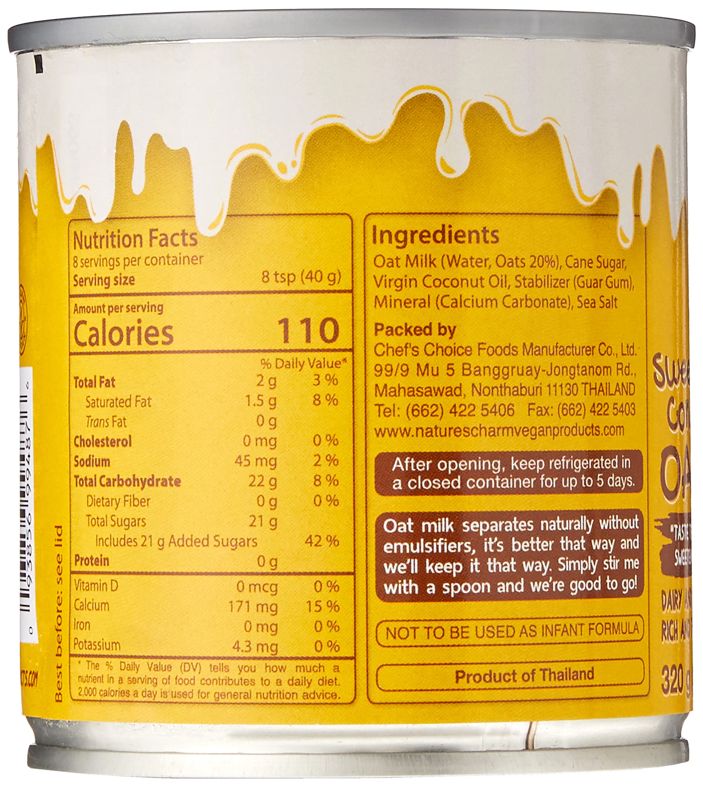 Nature's Charm Milk Oat Condensed pour, ideal for coffee and baking.