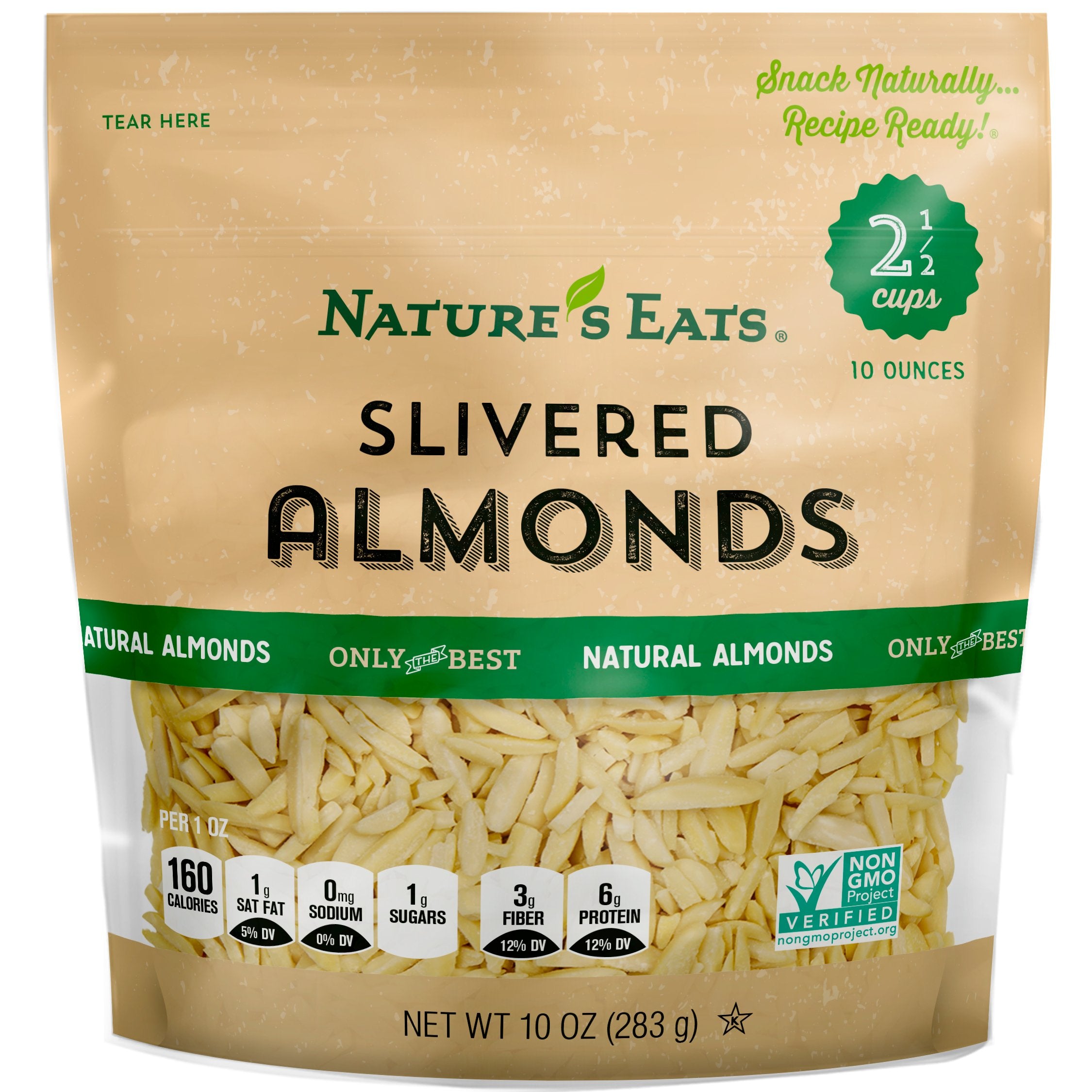 Nature's Eats Blanched Slivered Almonds pack front, ideal for baking and snacking.