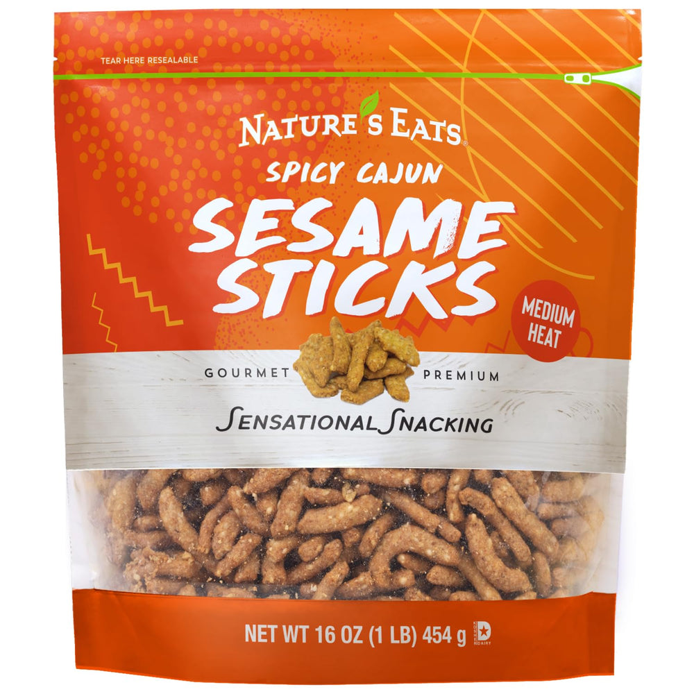 Nature's Eats Cajun Sesame Sticks pack—spicy crunch for on-the-go snacking.