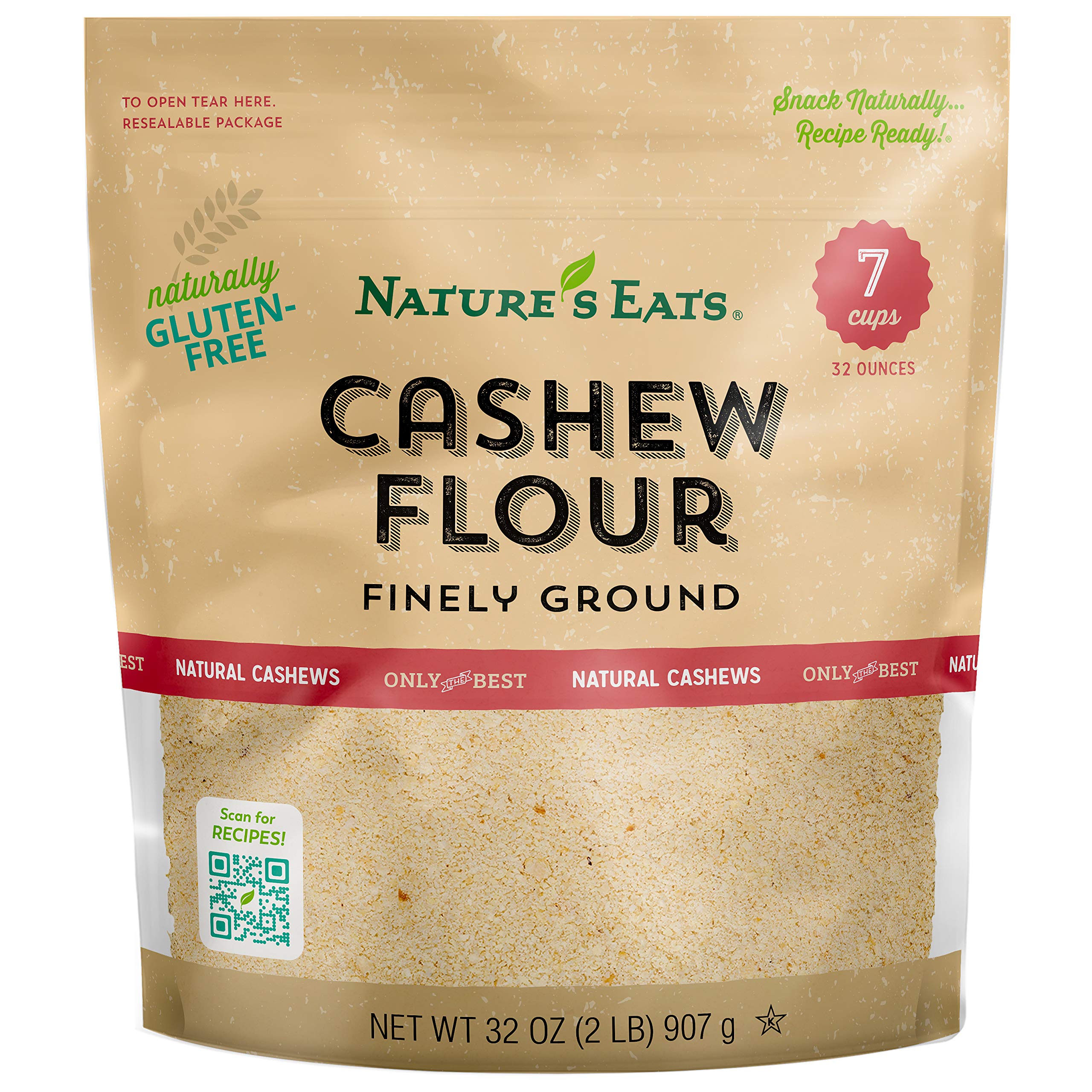Nature's Eats cashew flour finely ground in a bag for gluten-free baking.