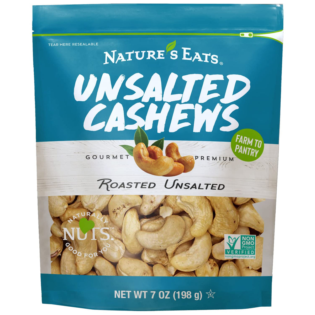 Nature's Eats cashews roasted no salt in a 7 oz jar, ready for snacking
