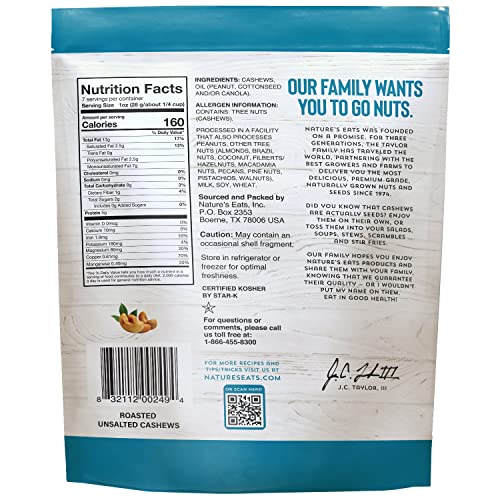 Close-up of Nature's Eats roasted cashews, salt-free crunch ideal for on-the-go