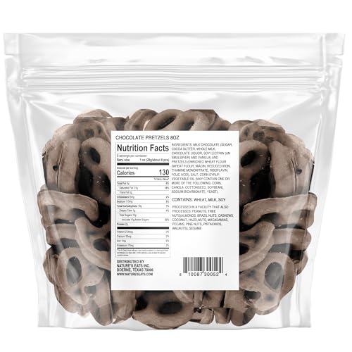 Nature's Eats Chocolate Pretzels closeup showing glossy coating and crisp bites.