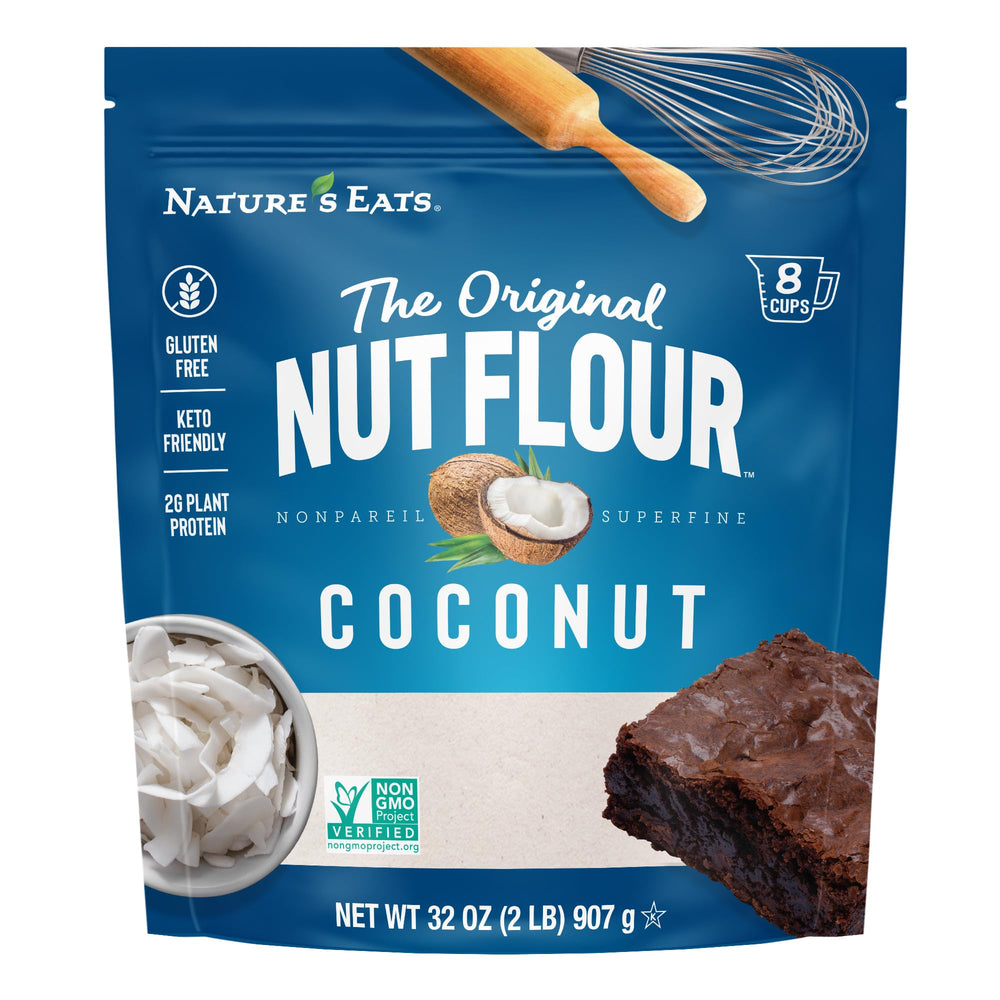 Nature's Eats coconut flour 32 oz jar on countertop for gluten-free baking.