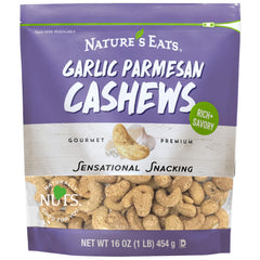 Nature's Eats Garlic Parm Cashews in a jar, bold flavor and snack-ready convenience.