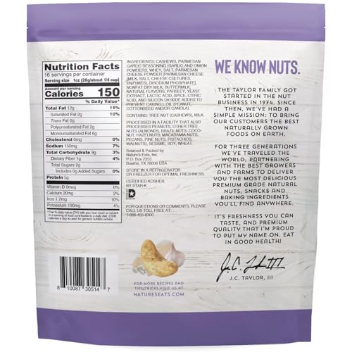 Nature's Eats Garlic Parm Cashews served in a bowl, perfect for gatherings and quick bites.