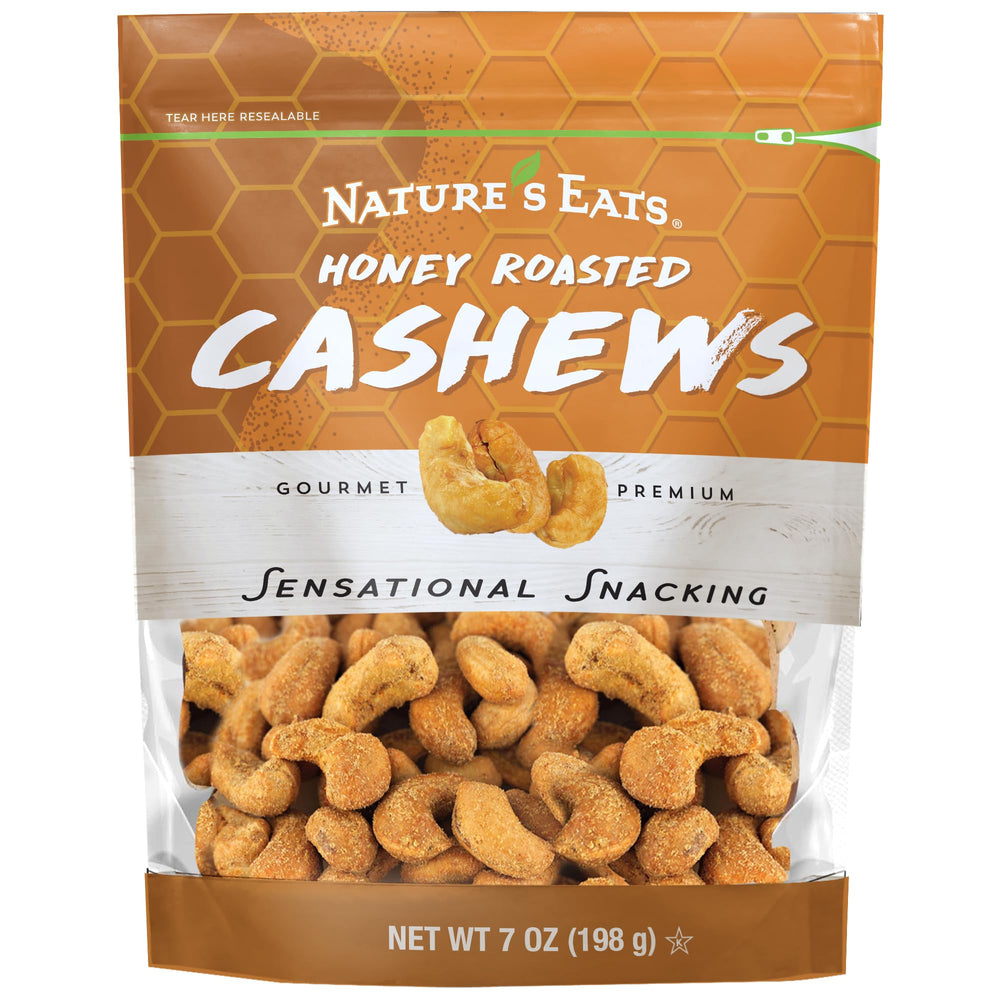 Nature's Eats Honey Roasted Cashews 7oz pack shot for a savory snack