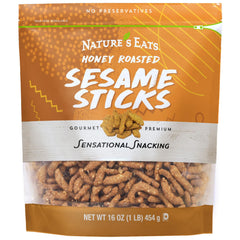 Nature's Eats Honey Roasted Sesame Sticks front pack for on-the-go snacking.