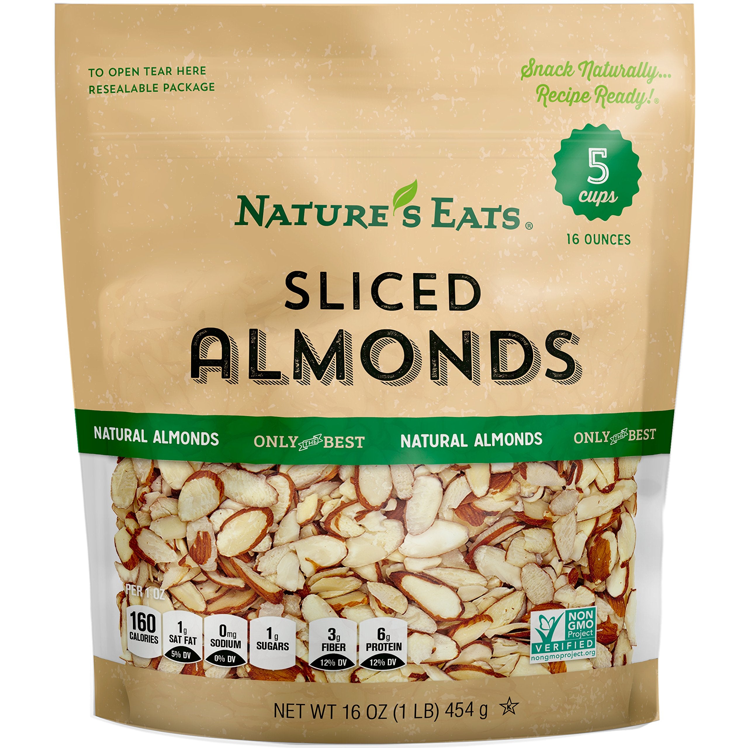 Nature's Eats sliced almonds closeup, thin-cut texture for baking.