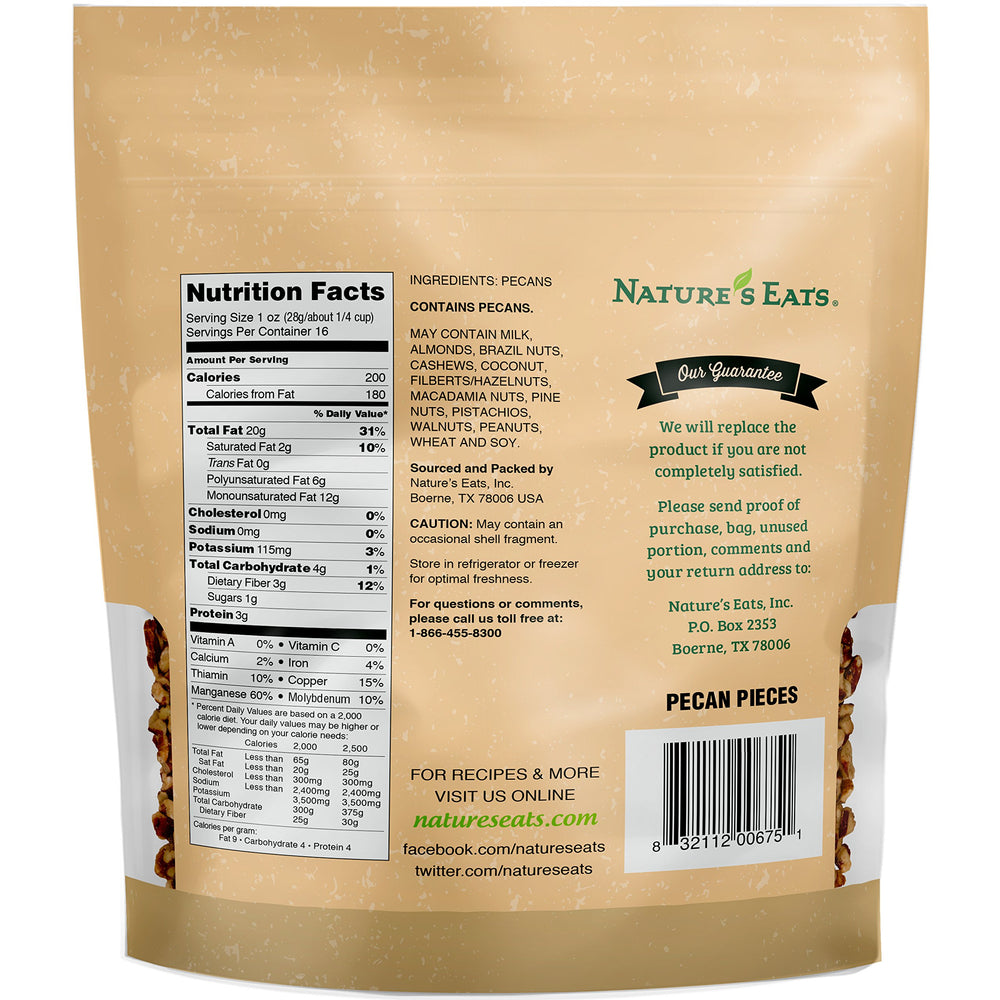 Nature's Eats Pecan Pieces 16oz baking chunks, ideal for pies and breads.