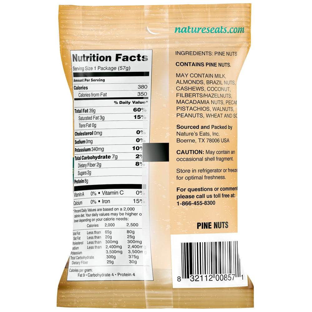 Nature's Eats Pine Nuts close-up highlighting buttery texture ideal for pesto, baking, and savory dishes.