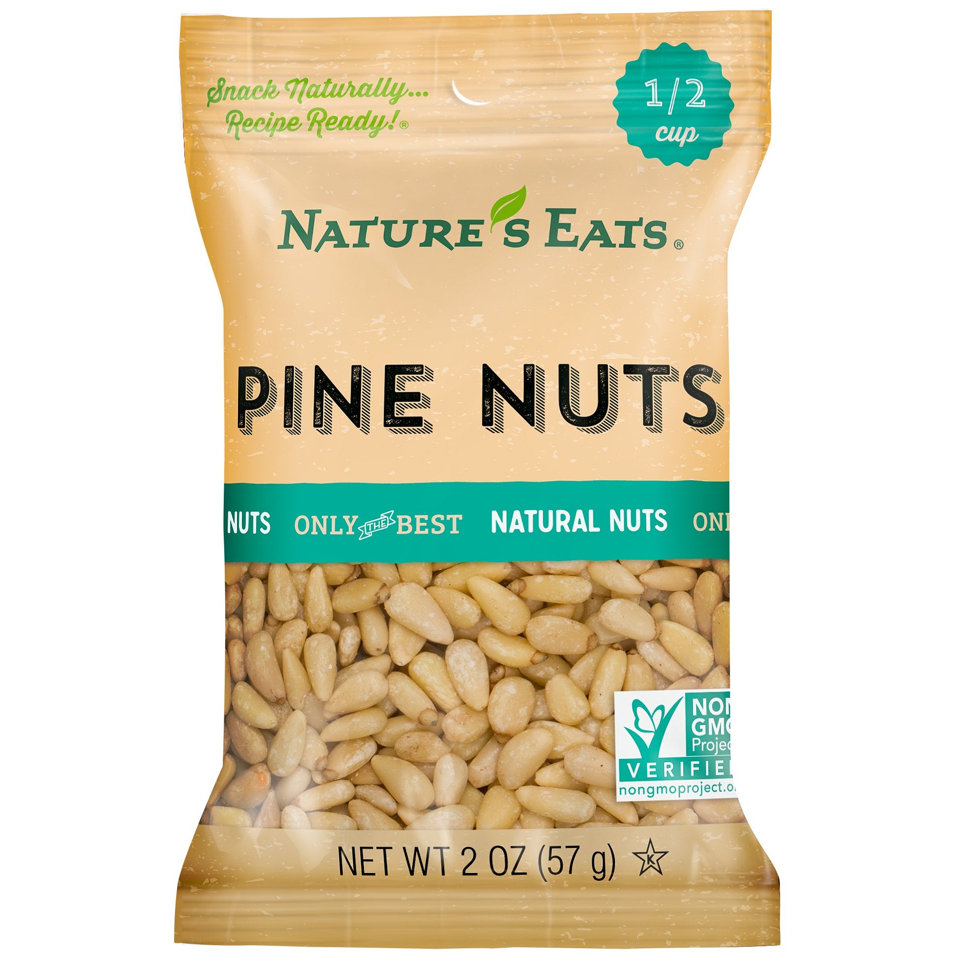 Nature's Eats Pine Nuts raw pouch close-up showing unsalted texture for pesto or salads.