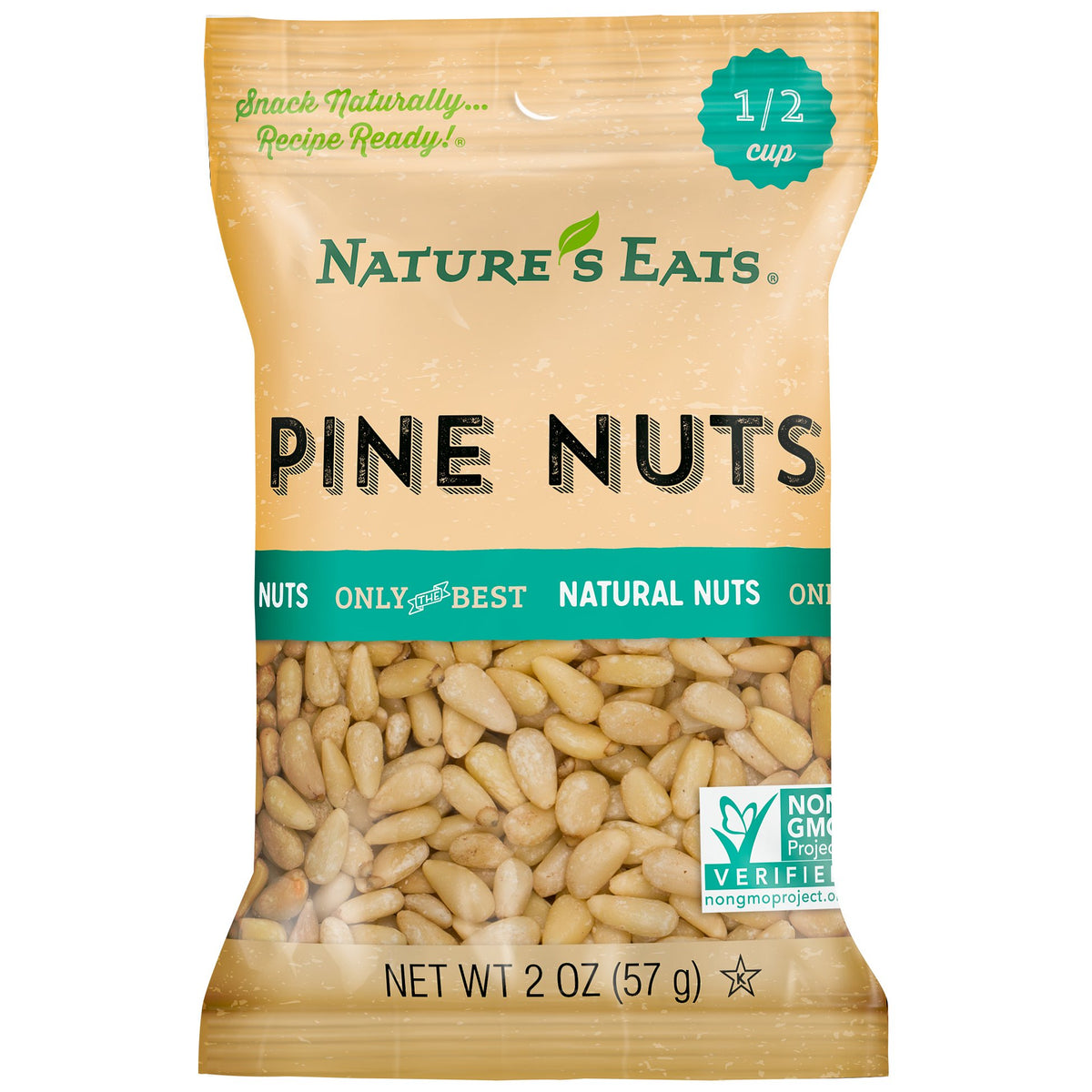 Nature's Eats Pine Nuts raw pouch close-up showing unsalted texture for pesto or salads.