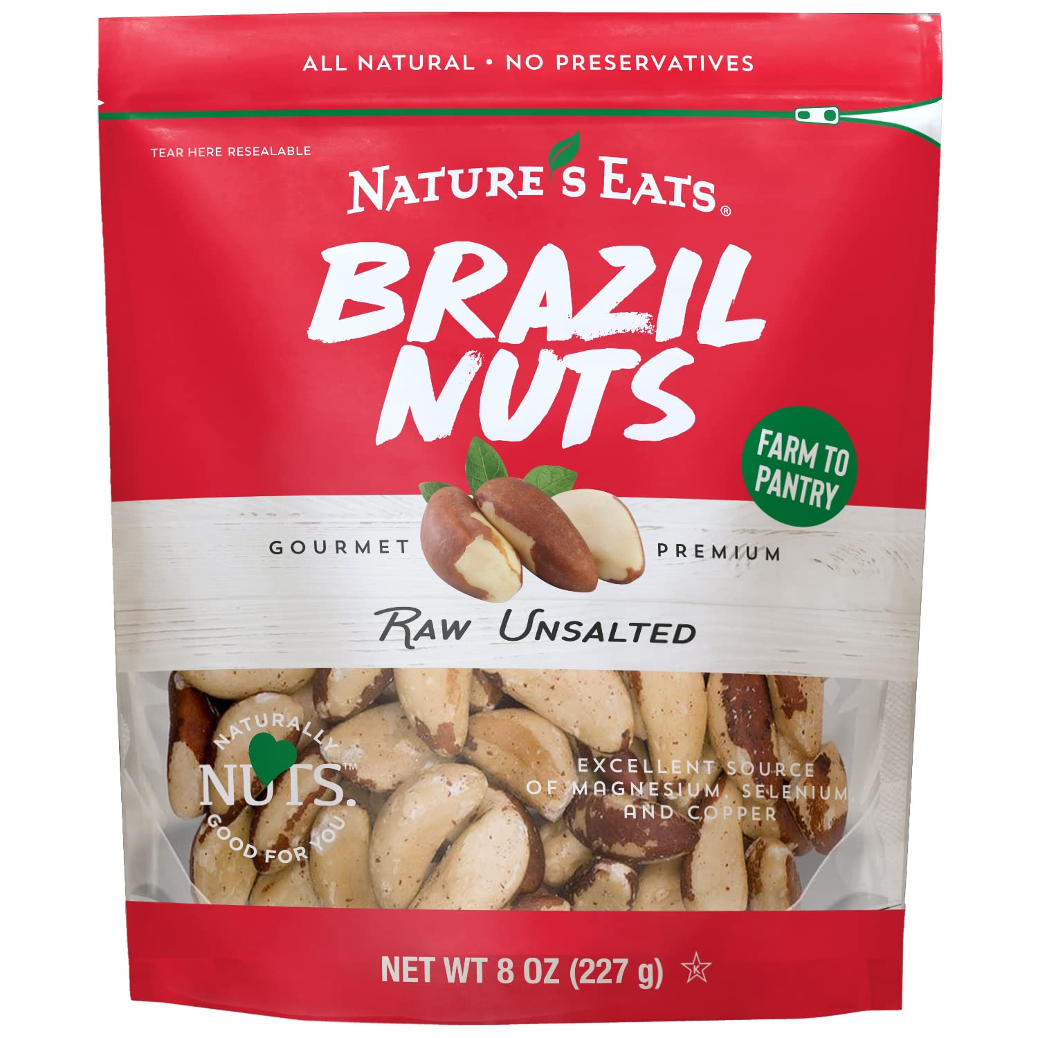 Nature's Eats Raw Brazil Nuts in a resealable bag, whole unsalted, ideal for clean snacking.