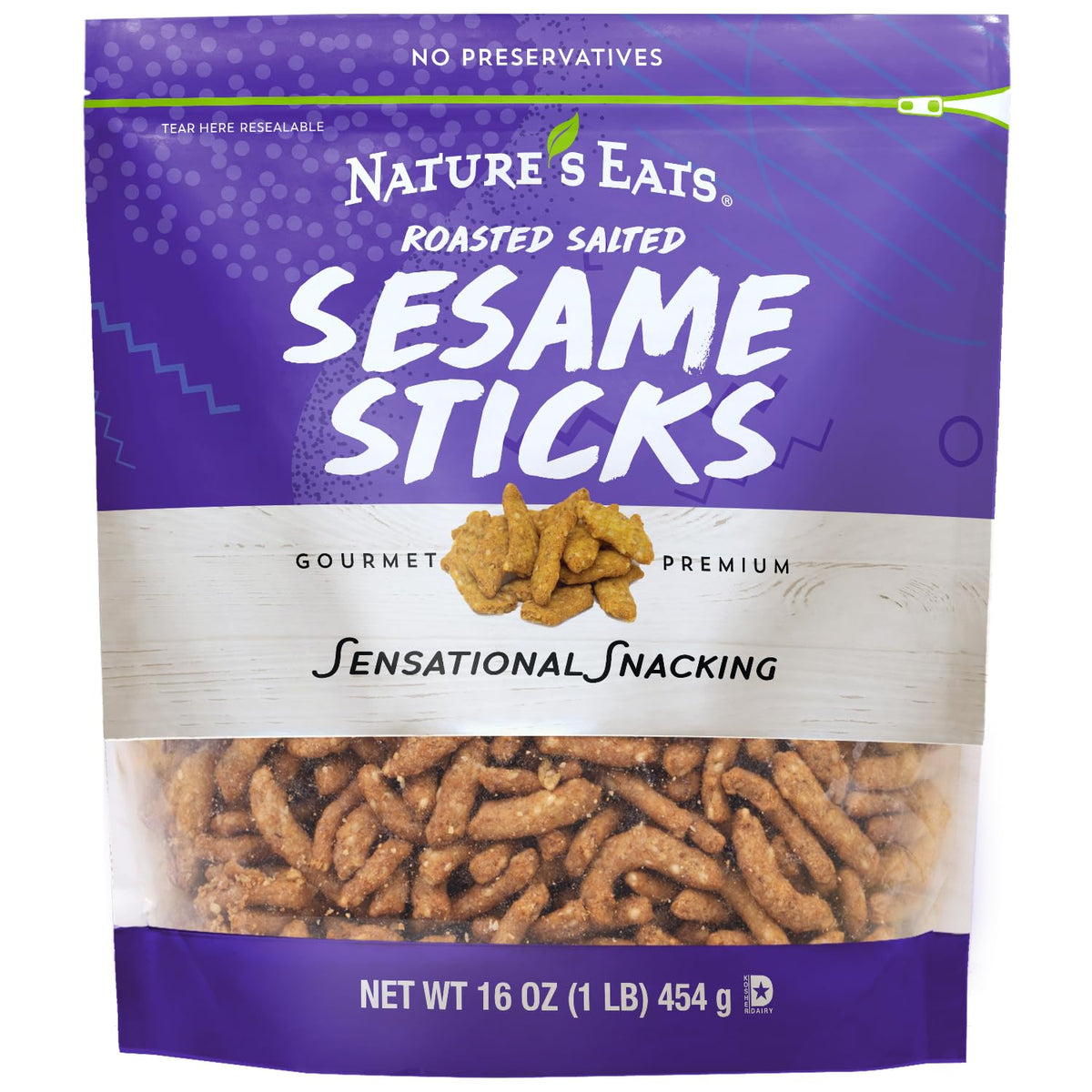 Nature's Eats Sesame Sticks 16oz pack on a wooden board, ideal for on-the-go snacking.