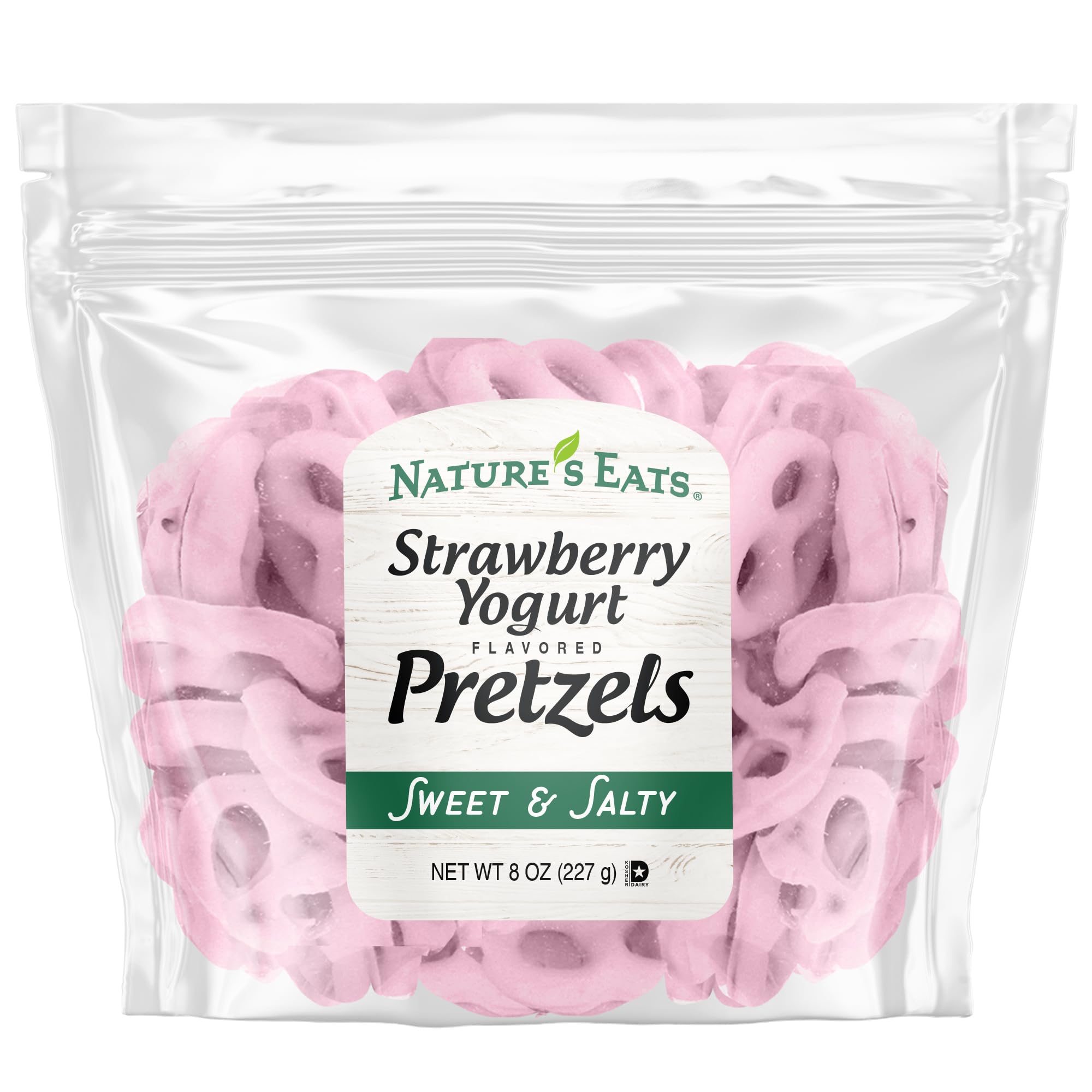Nature's Eats Strawberry Yogurt Pretzels 8oz front view showcasing crunchy, fruity coating.