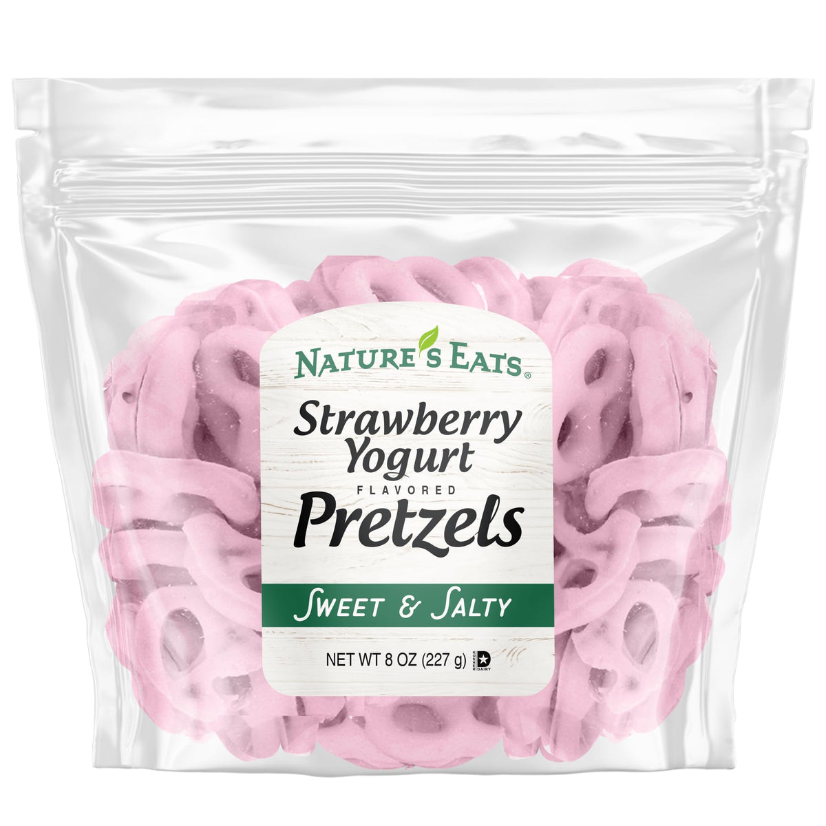 Nature's Eats Strawberry Yogurt Pretzels 8oz front view showcasing crunchy, fruity coating.