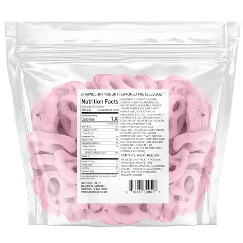 Nature's Eats Strawberry Yogurt Pretzels 8oz packshot for on-the-go snacking and sharing.