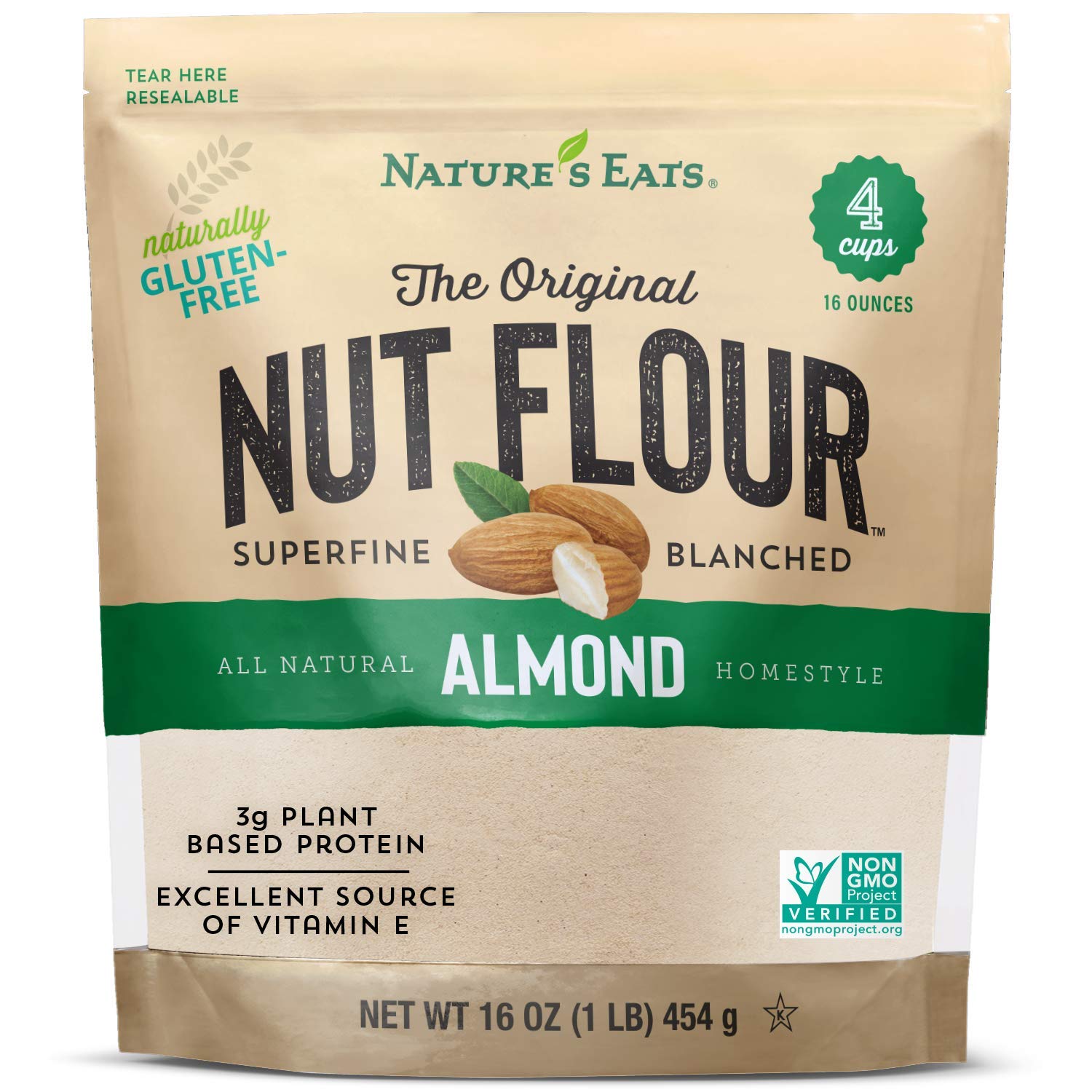 Nature's Eats Superfine Almond Flour bag for gluten-free baking and easy blending.
