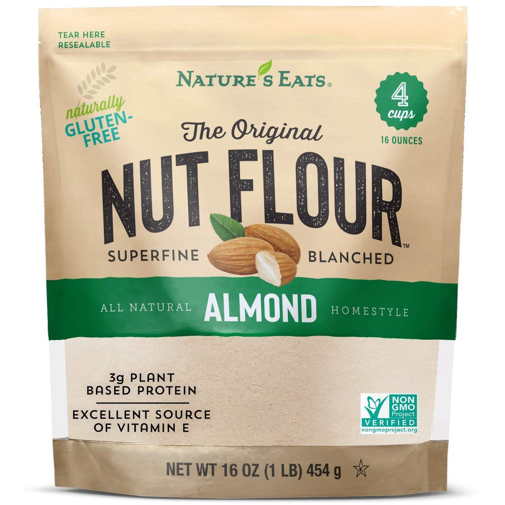 Nature's Eats Superfine Almond Flour bag for gluten-free baking and easy blending.