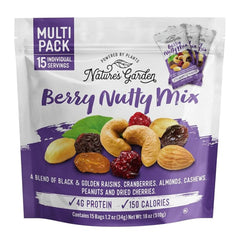 Nature's Garden Berry Nutty Mix bag front with vibrant fruits for on-the-go energy.