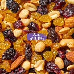 Nature's Garden Berry Nutty Mix close-up of fruits and nuts emphasizes wholesome ingredients.