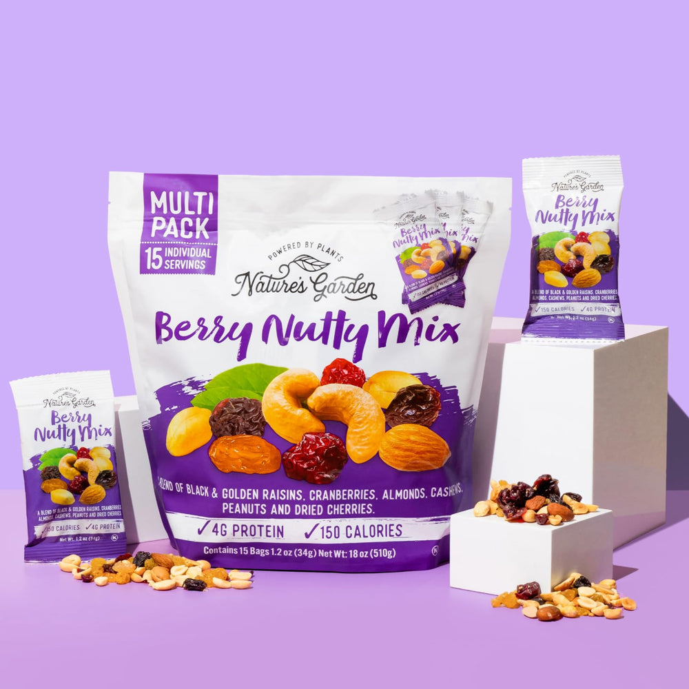 Nature's Garden Berry Nutty Mix backside shows labels and portioned servings for convenience.