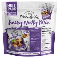 Nature's Garden Berry Nutty Mix snack pouches for quick, vegan, gluten-free energy.