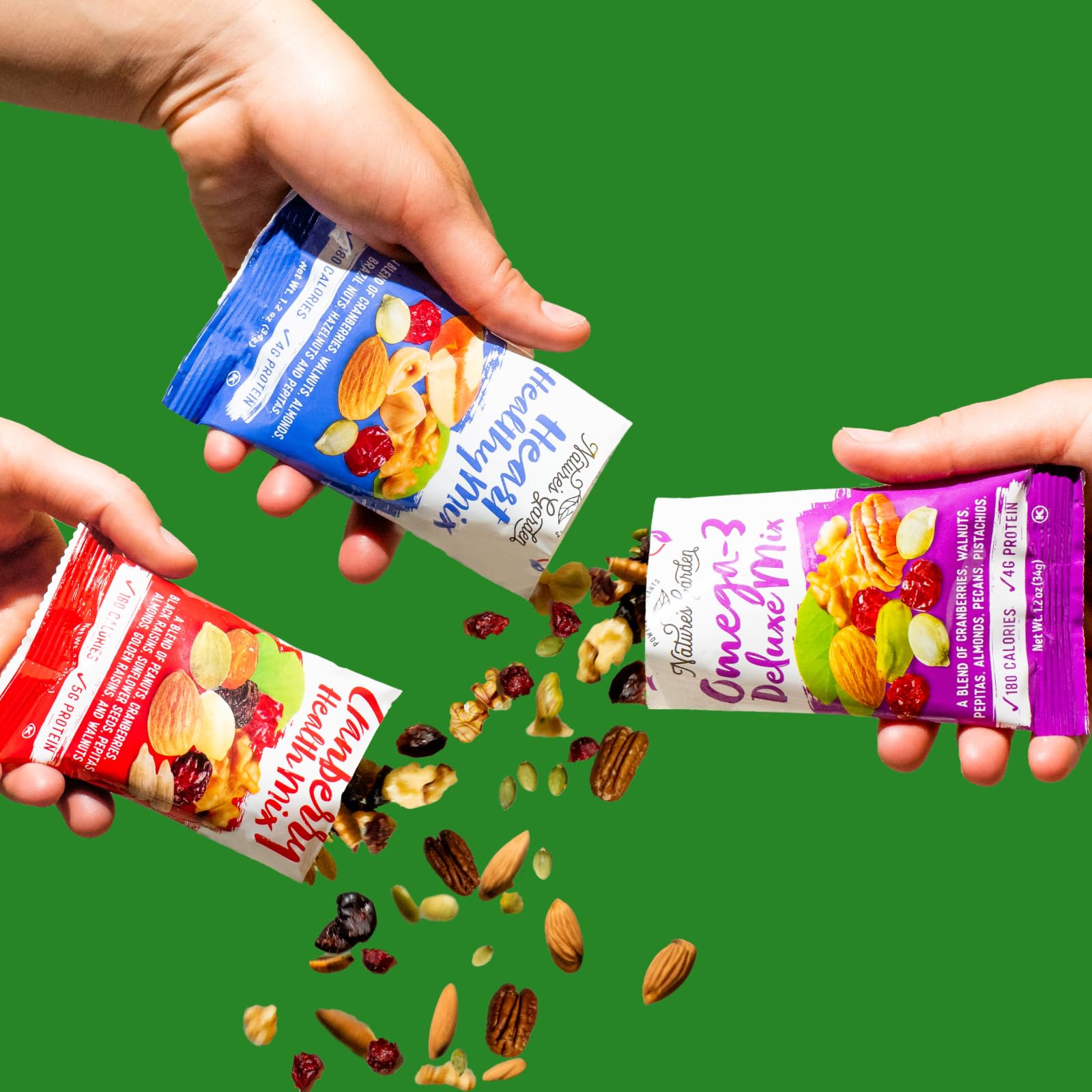 Nature's Garden heart-banner trail mix branding for heart-conscious snacking.