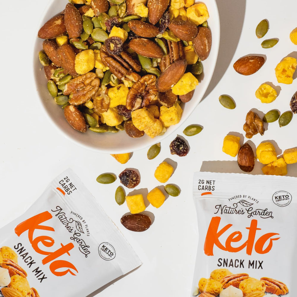 Nature’s Garden Keto Snack Mix 1oz bag on counter highlighting convenient single-serving packs.