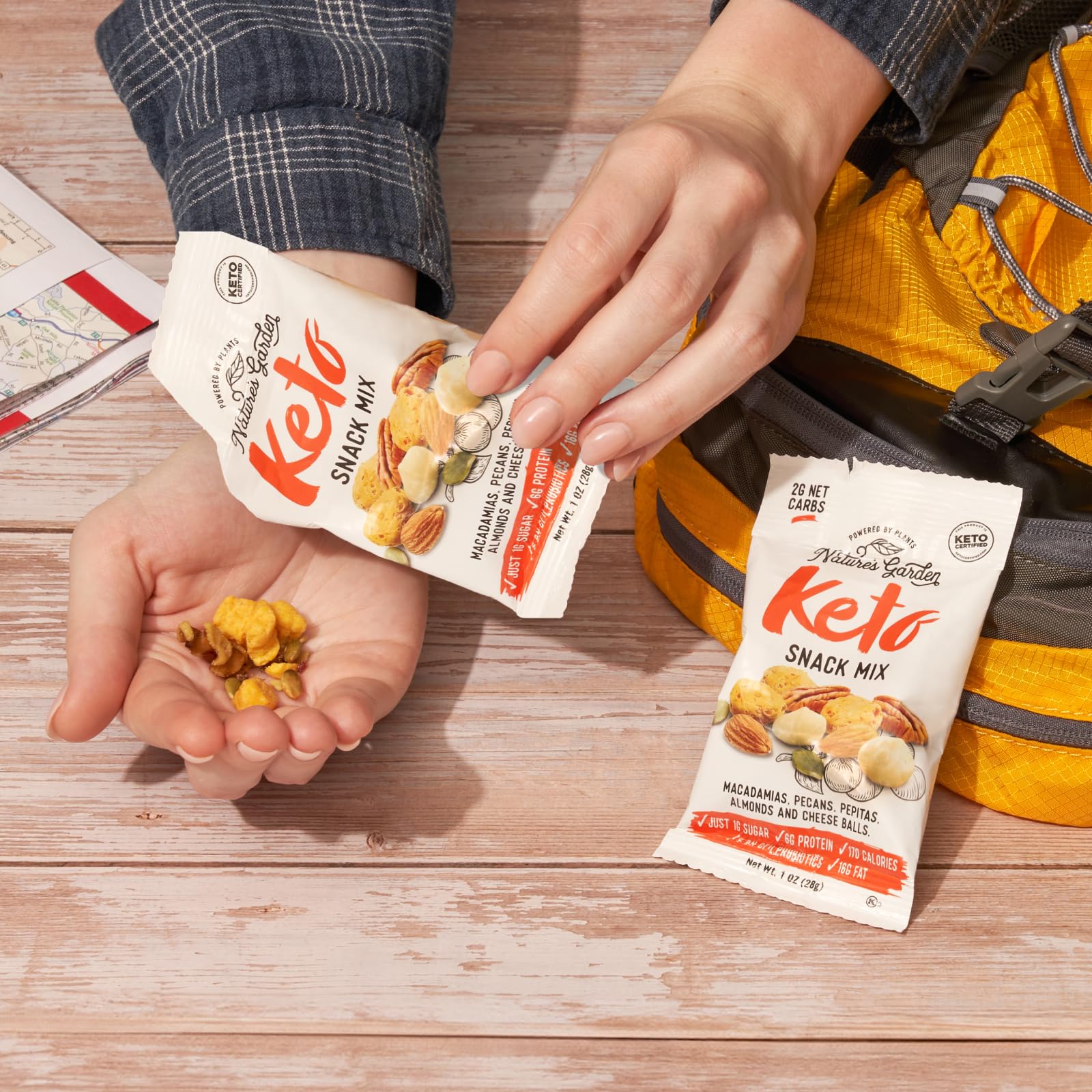 Nature’s Garden Keto Snack Mix handful shot emphasizing portability and portion control.