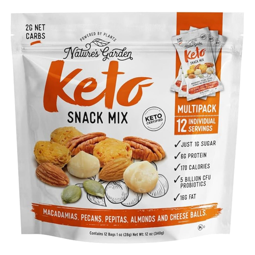 Nature’s Garden Keto Snack Mix packshot with probiotic cheese balls for convenient on-the-go snacking.