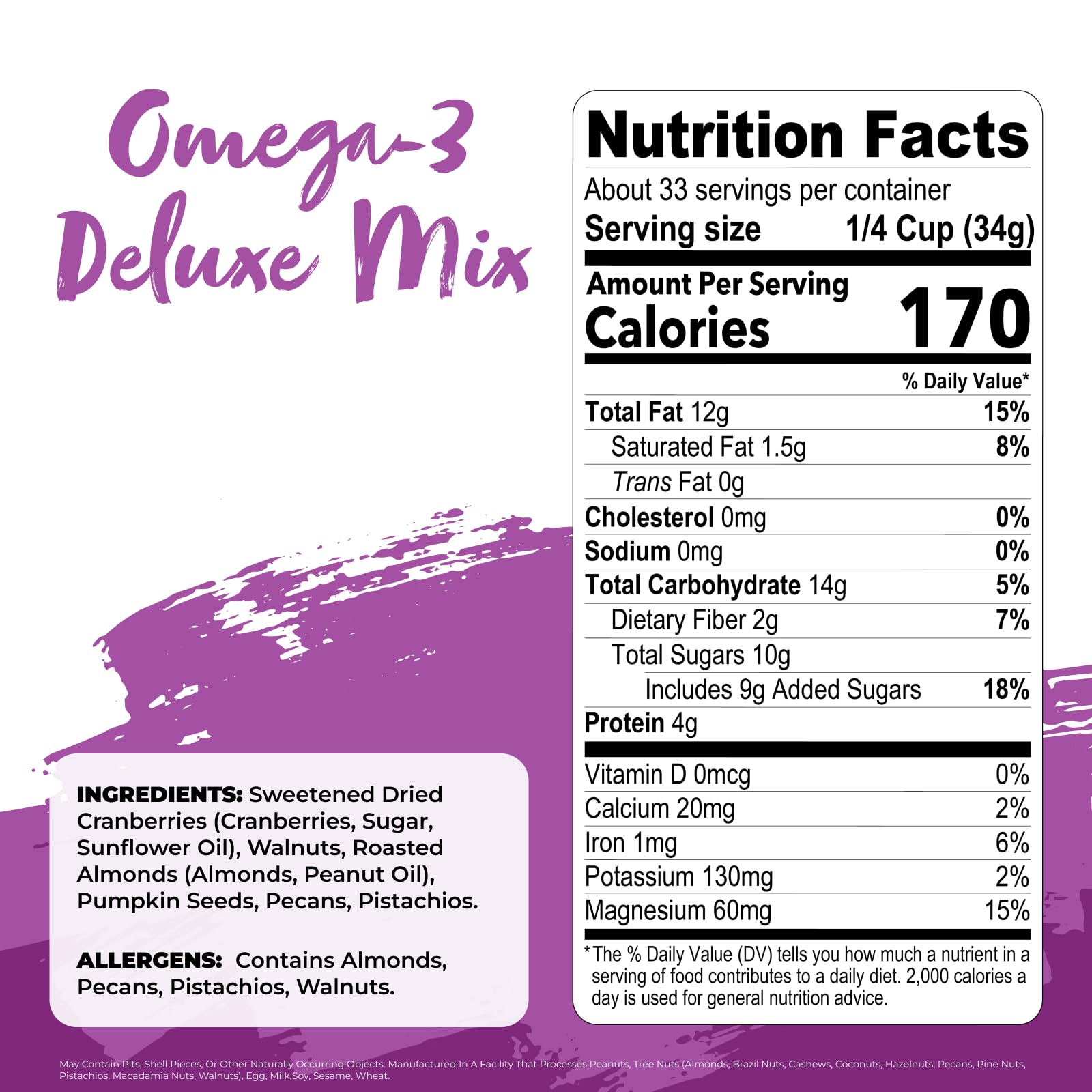 Nature's Garden Omega 3 Deluxe Mix bag closeup showing nuts and dried fruits for a satisfying snack