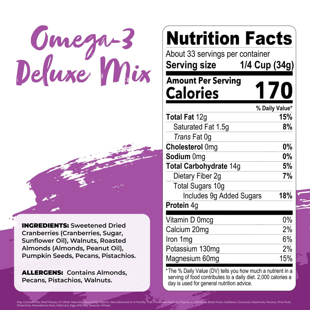 Nature's Garden Omega 3 Deluxe Mix bag closeup showing nuts and dried fruits for a satisfying snack