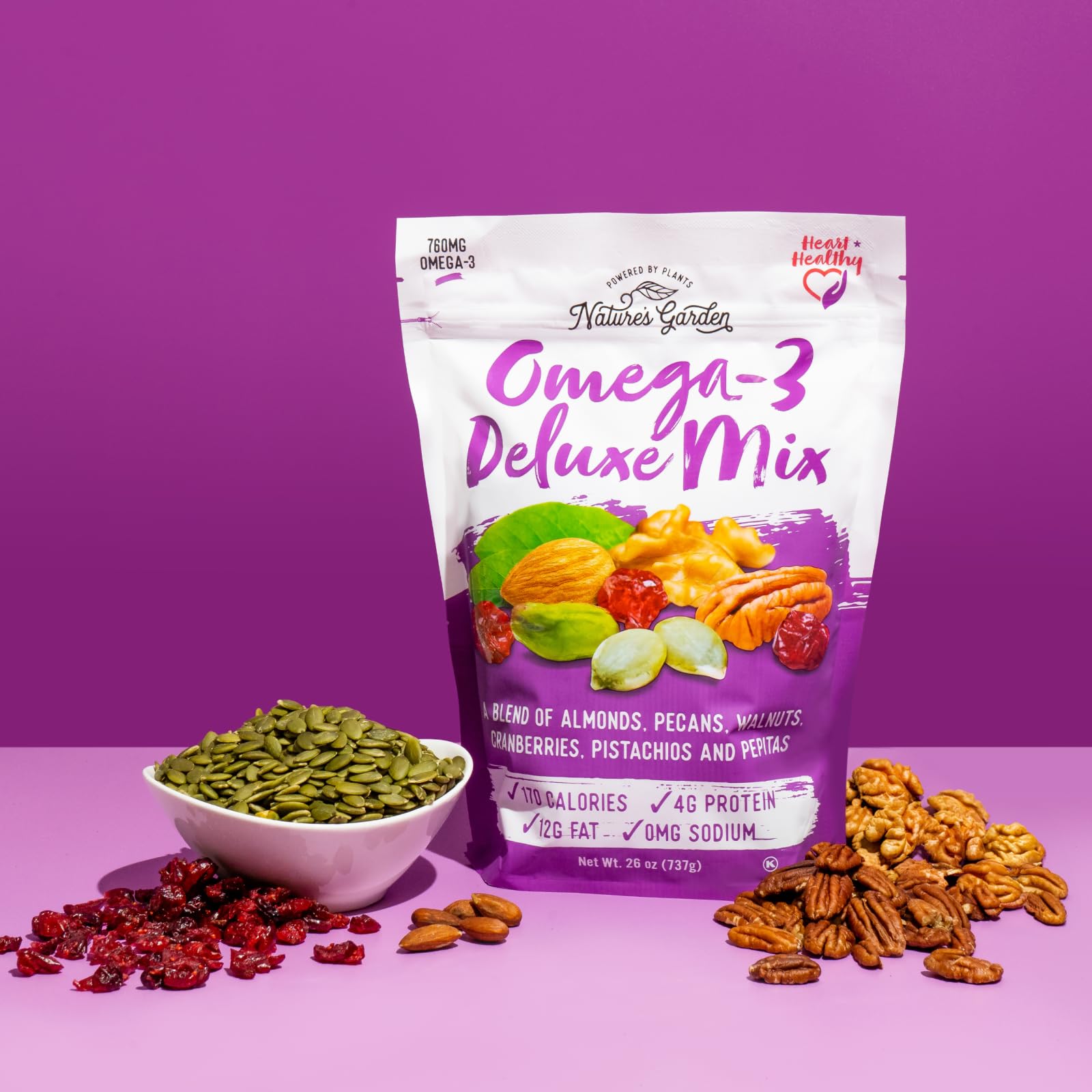 Nature's Garden Omega 3 Deluxe Mix flatlay of ingredients showcasing premium quality