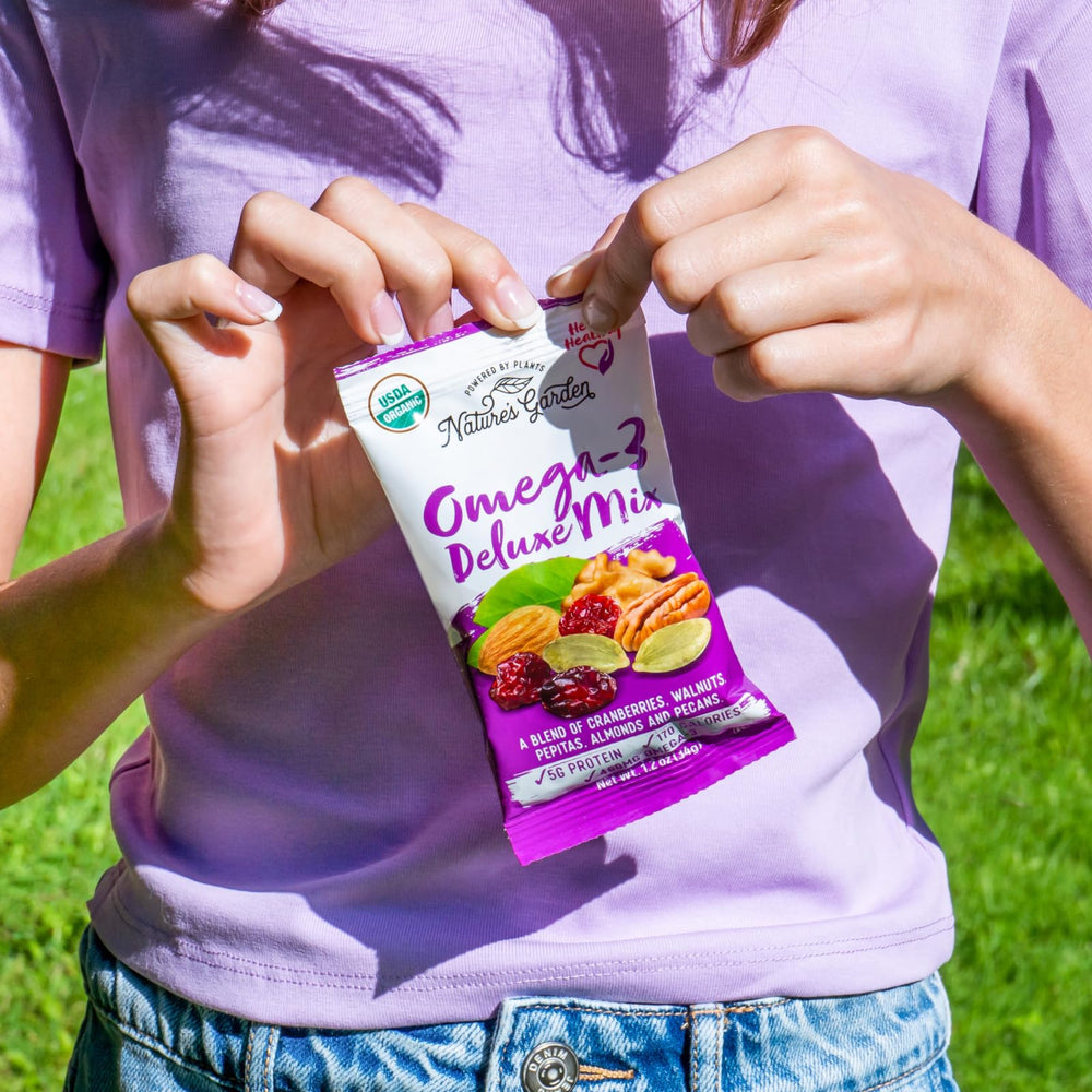 Nature's Garden Omega-3 Deluxe Mix in a bowl, vegan and gluten-free.