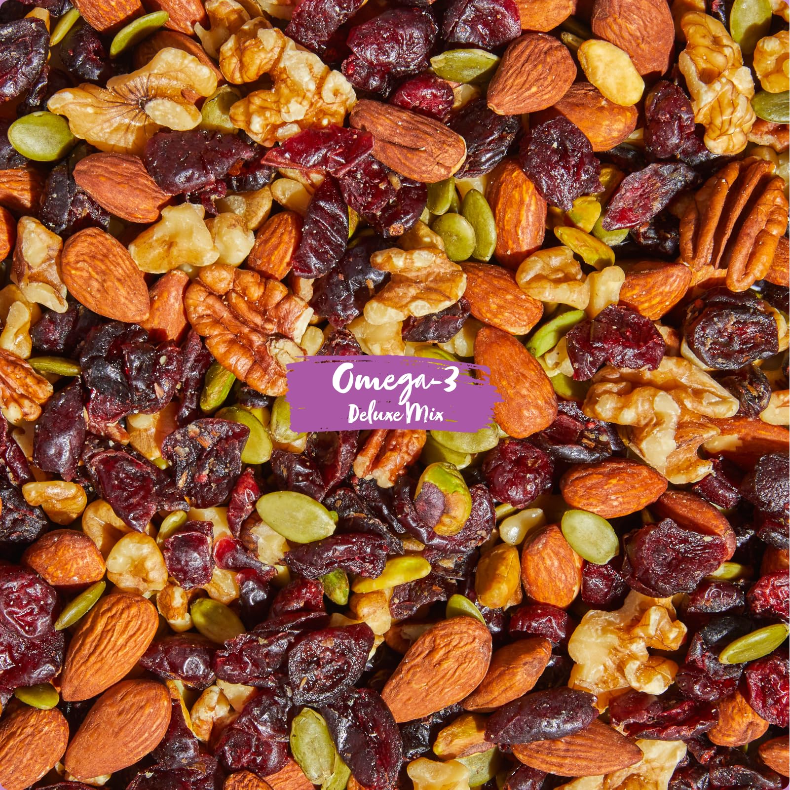 Nature's Garden Omega 3 Deluxe Mix ingredients flatlay highlighting vegan and gluten-free goodness