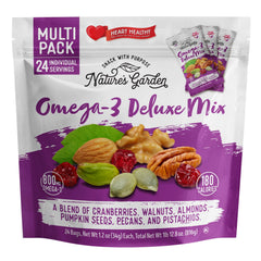 Nature's Garden Omega-3 Deluxe Mix bag close-up, heart-healthy trail mix.