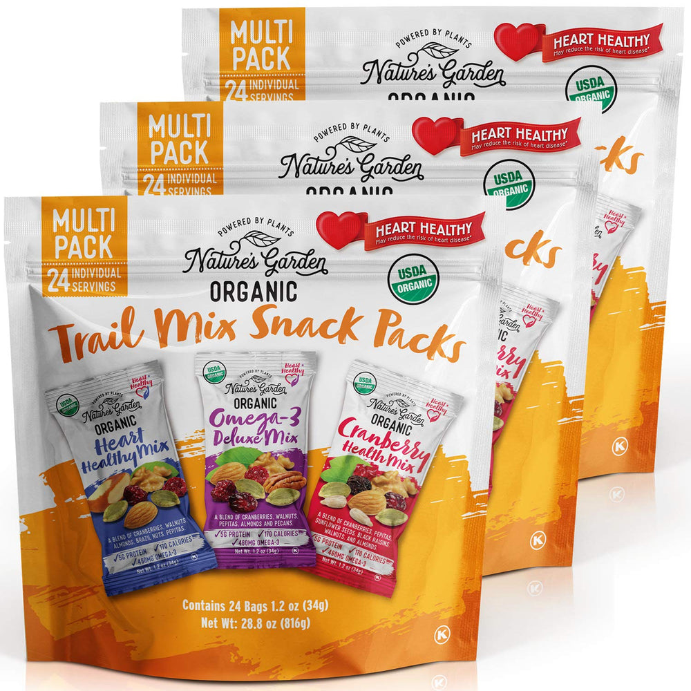 Nature's Garden Organic Trail Mix Snack Pack front view highlights premium ingredients for clean snacking.