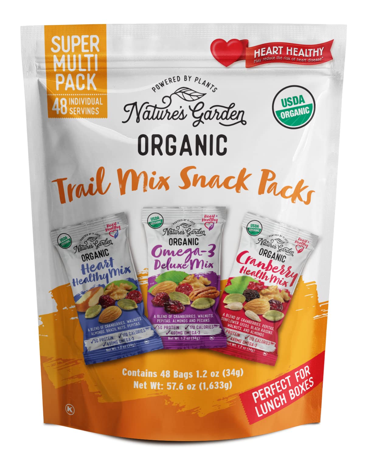 Nature’s Garden Organic Trail Mix Snack Pack hero image showing mixed fruit and nuts for on-the-go energy