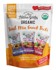 Nature’s Garden Organic Trail Mix Snack Pack hero image showing mixed fruit and nuts for on-the-go energy