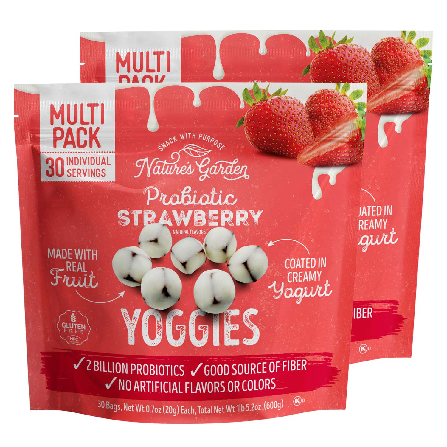 Nature's Garden Probiotic Strawberry Yoggies two-bag pack, ideal for on-the-go snacking